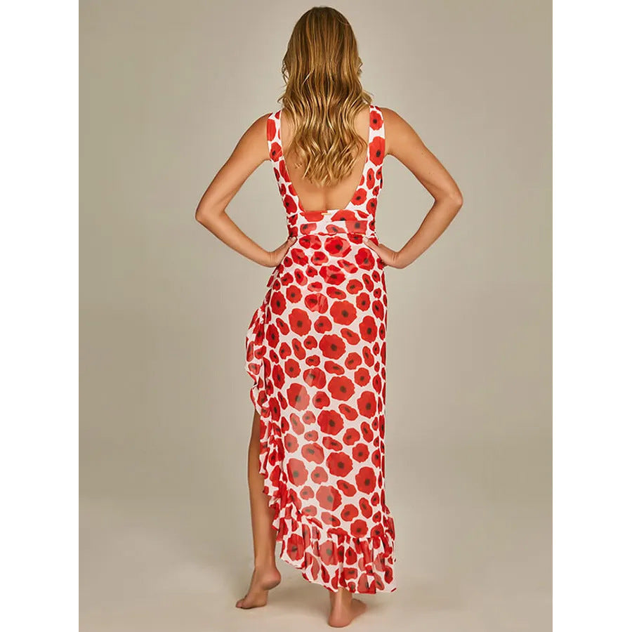 Deep V Halter Polka Dot Printed One-piece Swimsuit Suit Women