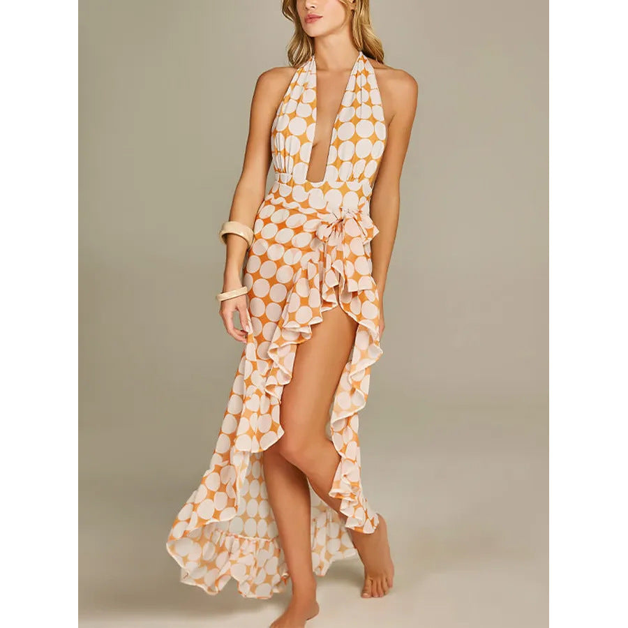 Deep V Halter Polka Dot Printed One-piece Swimsuit Suit Women