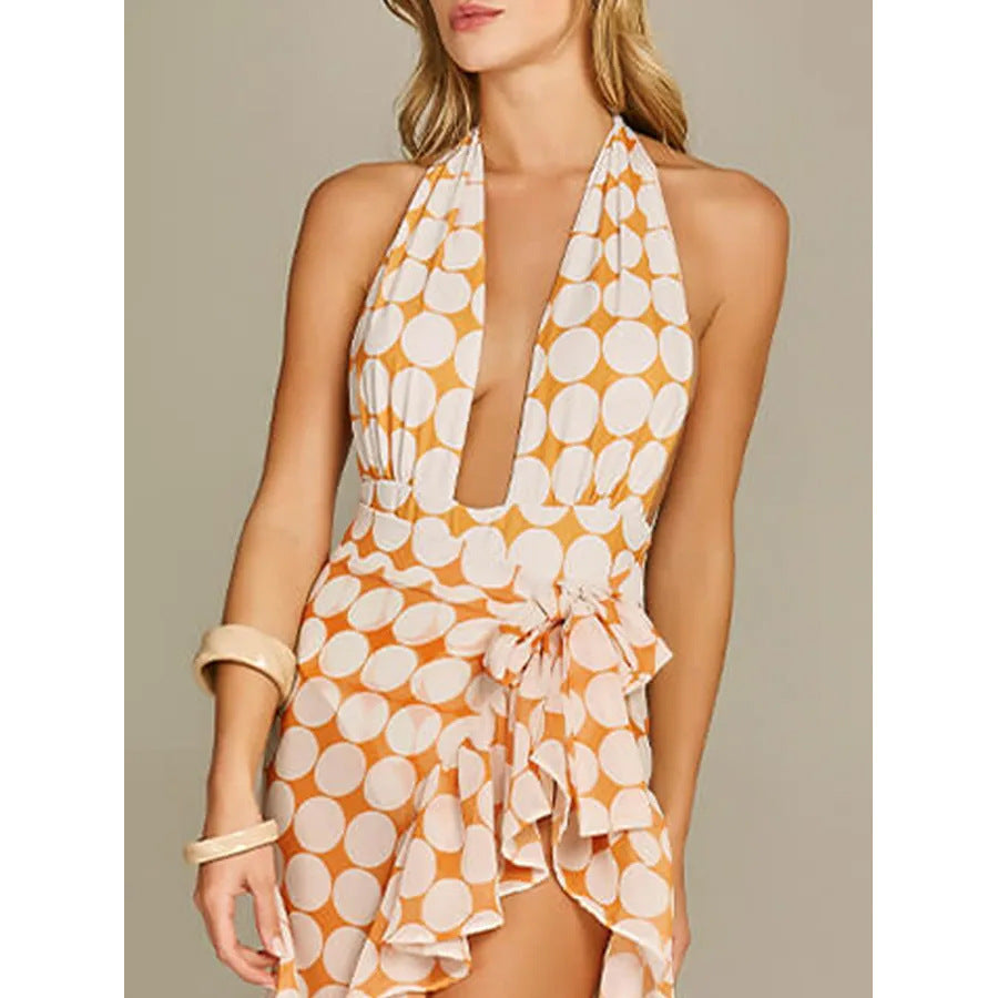 Deep V Halter Polka Dot Printed One-piece Swimsuit Suit Women