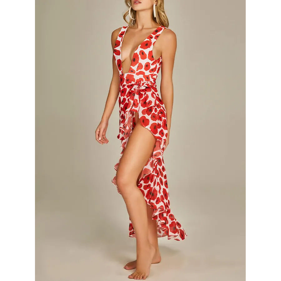 Deep V Halter Polka Dot Printed One-piece Swimsuit Suit Women